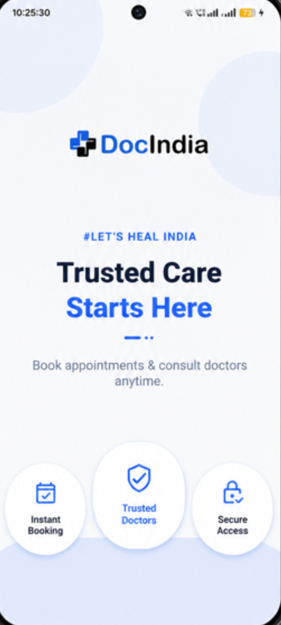 DocIndia app — book appointments and consult doctors anytime